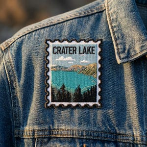 Crater Lake Travel Stamp Patch, Vintage National Park Iron On Patch, Retro Oregon Badge, Nature Wanderlust Jacket Decor