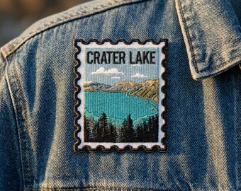 Crater Lake Travel Stamp Patch, Vintage National Park Iron On Patch, Retro Oregon Badge, Nature Wanderlust Jacket Decor