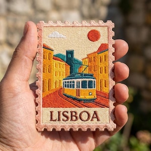 Lisbon Travel Stamp Patch, Vintage Portugal Iron On Patch, Retro Yellow Tram Badge, Lisboa Souvenir Jacket Decor, Gift