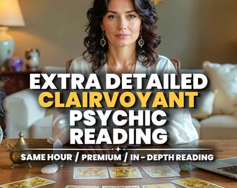 May include: An image featuring a woman with dark hair, seated at a wooden table. The text overlay reads "EXTRA DETAILED CLAIRVOYANT PSYCHIC READING." Tarot cards are spread out on the table. Additional text includes "SAME HOUR / PREMIUM / IN-DEPTH READING."