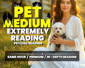 Könnte beinhalten: Das Bild zeigt den Text "PET MEDIUM EXTREMELY READING PSYCHIC READING" in Gelb. Eine Frau in einem weißen Kleid hält einen kleinen weißen Hund. Silhouetten von Katze, Hund, Vögeln und einer Maus sind ebenfalls vorhanden.