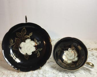 Tri-Footed Teacup Set, Vintage 1950s Japanese Export Porcelain, Black Gold Cabbage Rose