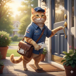 May include: An orange tabby cat dressed as a mail carrier, wearing a blue uniform and cap with the USPS logo. The cat carries a brown leather satchel and a stack of mail, reaching for a door handle.