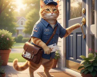 May include: An orange tabby cat dressed as a mail carrier, wearing a blue uniform and cap with the USPS logo. The cat carries a brown leather satchel and a stack of mail, reaching for a door handle.