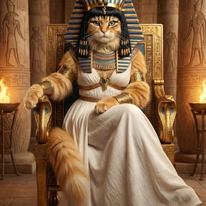 May include: A regal cat dressed as an Egyptian pharaoh, wearing a blue and gold headdress and white gown, seated on a golden throne. The throne is adorned with serpent details. The background features ancient columns and torches.