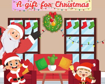 Może przedstawiać: Świąteczna ilustracja z Mikołajem i dziećmi w strojach Mikołaja. Scena zawiera wieniec bożonarodzeniowy, skarpety i napis "A gift for Christmas". Kaktus w białej doniczce stoi na małym stoliku.