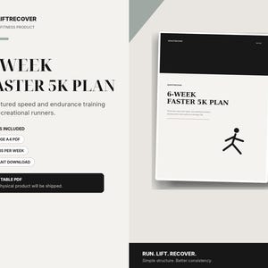 Może przedstawiać: Cyfrowy produkt fitness zatytułowany 6-WEEK FASTER 5K PLAN, zawierający ustrukturyzowany trening szybkościowy i wytrzymałościowy dla biegaczy. Dokument zawiera 13-stronicowy plik PDF w formacie A4, 3 biegi tygodniowo i natychmiastowe pobranie.