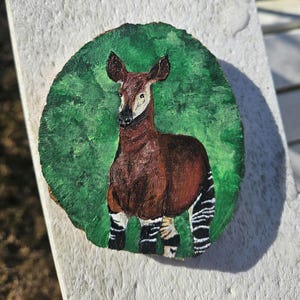 May include: Hand-painted okapi art on a wood slice. The okapi is depicted with brown fur, a white face, and black and white striped legs. The background is a green circle, and the wood slice has a natural edge.