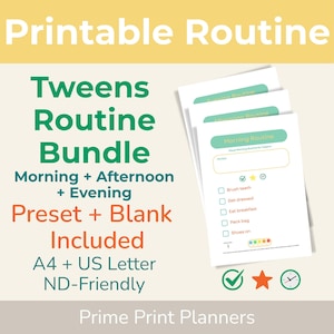 Może przedstawiać: Zestaw drukowanych planów dnia dla nastolatków, zawierający harmonogramy poranne, popołudniowe i wieczorne. Zawiera gotowe i puste szablony, formaty A4 i US Letter. Projekt jest ND-Friendly. Obraz wydrukowanych arkuszy.
