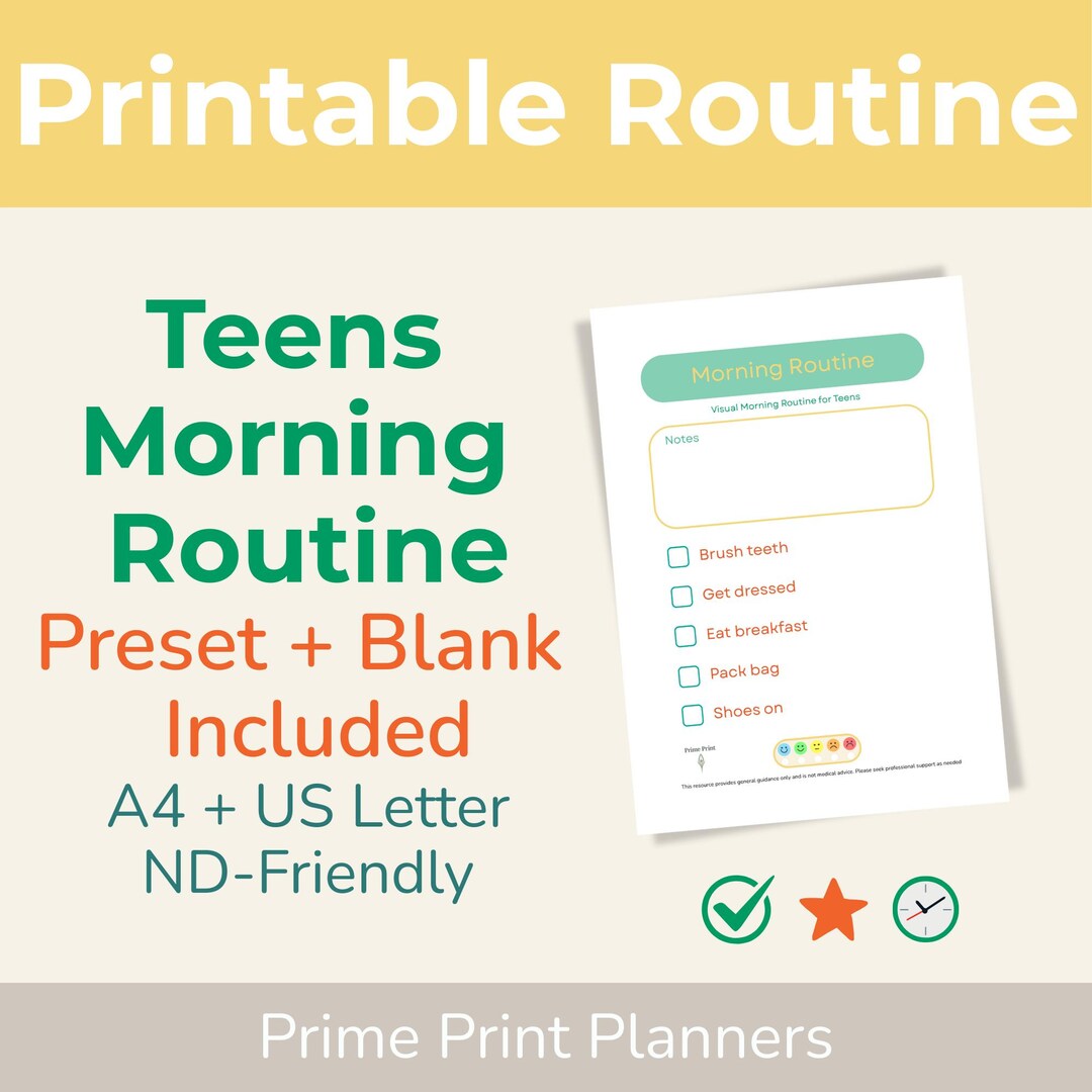 Teens Morning Routine Chart Printable | Visual Schedule Checklist