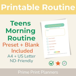 Może przedstawiać: Drukowany planer dla nastolatków z listą kontrolną porannej rutyny. Tekst zawiera "Teens Morning Routine" i "Preset + Blank Included". Planer jest w formacie A4 i US Letter, i ND-Friendly.
