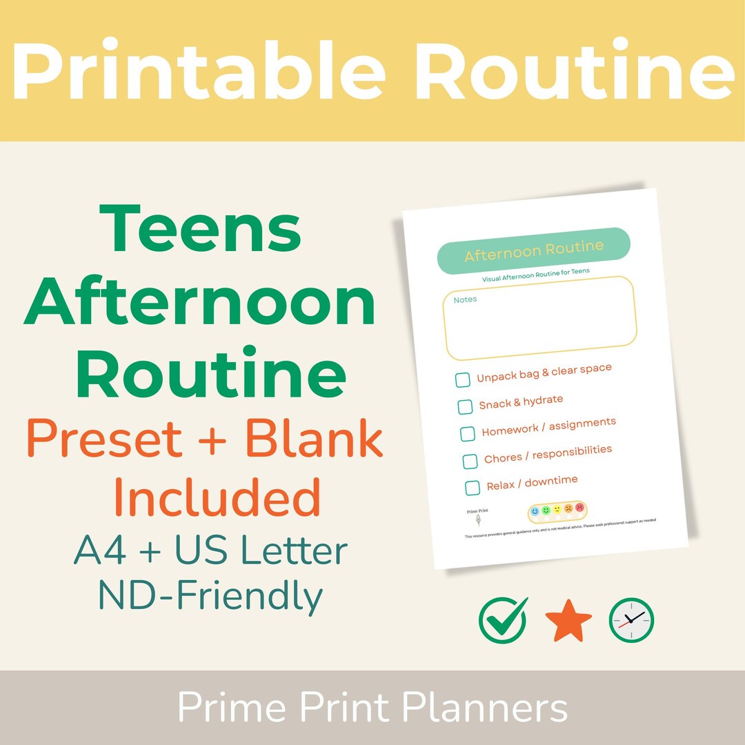 Teens Afternoon Routine Chart Printable | Visual Schedule Checklist ...