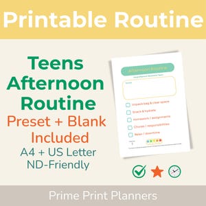 Może przedstawiać: Drukowany planer z tekstem "Teens Afternoon Routine" w kolorze zielonym i pomarańczowym. Planer zawiera wersję wstępnie ustawioną i pustą, z opcjami dla formatów A4 i US Letter. Zawiera listę kontrolną zadań.