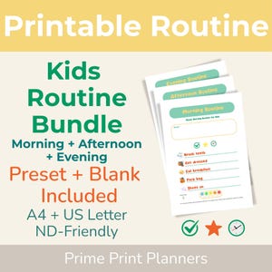 Może przedstawiać: Drukowany pakiet rutyn dla dzieci z rutynami porannymi, popołudniowymi i wieczornymi. Pakiet zawiera gotowe i puste szablony w formatach A4 i US Letter. Obraz przedstawia stos arkuszy rutynowych.