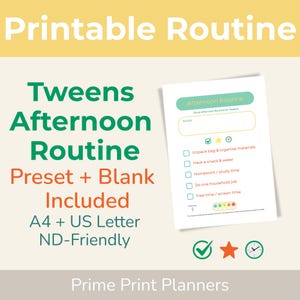 Może przedstawiać: Wydrukowany wykres popołudniowej rutyny dla nastolatków, z zielono-białym designem. Wykres zawiera sekcje dla zadań takich jak rozpakowywanie toreb, odrabianie lekcji i czas wolny. Tekst zawiera "Preset + Blank Included".