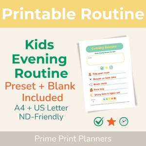 Op de afbeelding: Een afdrukbare Kids Evening Routine-kaart met een lichte achtergrond. De kaart bevat een vooraf ingestelde en blanco optie en is A4- en US Letter-compatibel. De kaart bevat een checklist voor avondtaken.