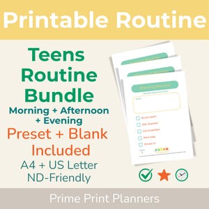 Może przedstawiać: Zestaw drukowanych planerów rutynowych dla nastolatków. Zestaw zawiera rutyny poranne, popołudniowe i wieczorne, z opcjami gotowymi i pustymi. Projekt jest przyjazny dla osób neuroatypowych i dostępny w formatach A4 i US Letter. Tekst na planerze obejmuje "Mycie zębów", "Ubieranie się", "Śniadanie", "Pakowanie torby" i "Buty na nogach".