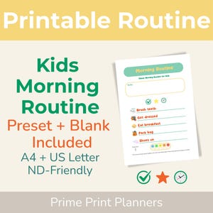 Może przedstawiać: Wydrukowany wykres porannej rutyny dla dzieci z tekstem "Kids Morning Routine" w kolorze zielonym i pomarańczowym. Wykres zawiera listę kontrolną zadań, takich jak mycie zębów i ubieranie się.