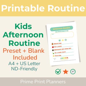 以下が含まれることがあります： プリセットと空白のオプションを備えた、印刷可能な子供のアフタヌーンルーチンチャート。チャートには、バッグの開封、軽食、宿題、雑用、自由遊びのセクションが含まれています。A4およびUSレターに対応しています。