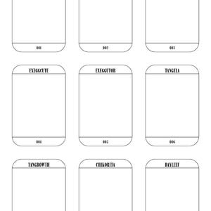 May include: Nine white rectangular cards with rounded corners, each labeled with a different Pokémon name in black text. The cards are numbered 001 to 009. The Pokémon names include Bulbasaur, Ivysaur, Mega Venasaur EX, Exeggcute, Exeggutor, Tangela, Tangrowth, Chikorita, and Bayleef.