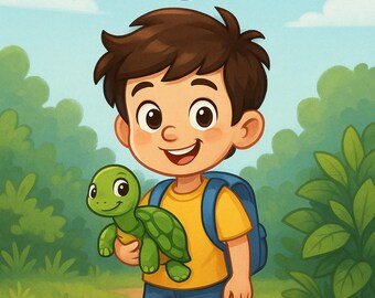 May include: Illustration of a smiling boy holding a green turtle, with the title "Billy and the Missing Turtle" above. The boy wears a yellow shirt, blue shorts, red shoes, and a blue backpack. The background shows a path and green foliage.