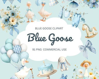 Blue Silly Goose Clipart PNG, Watercolor Nursery Animal, Commercial Use Digital Download