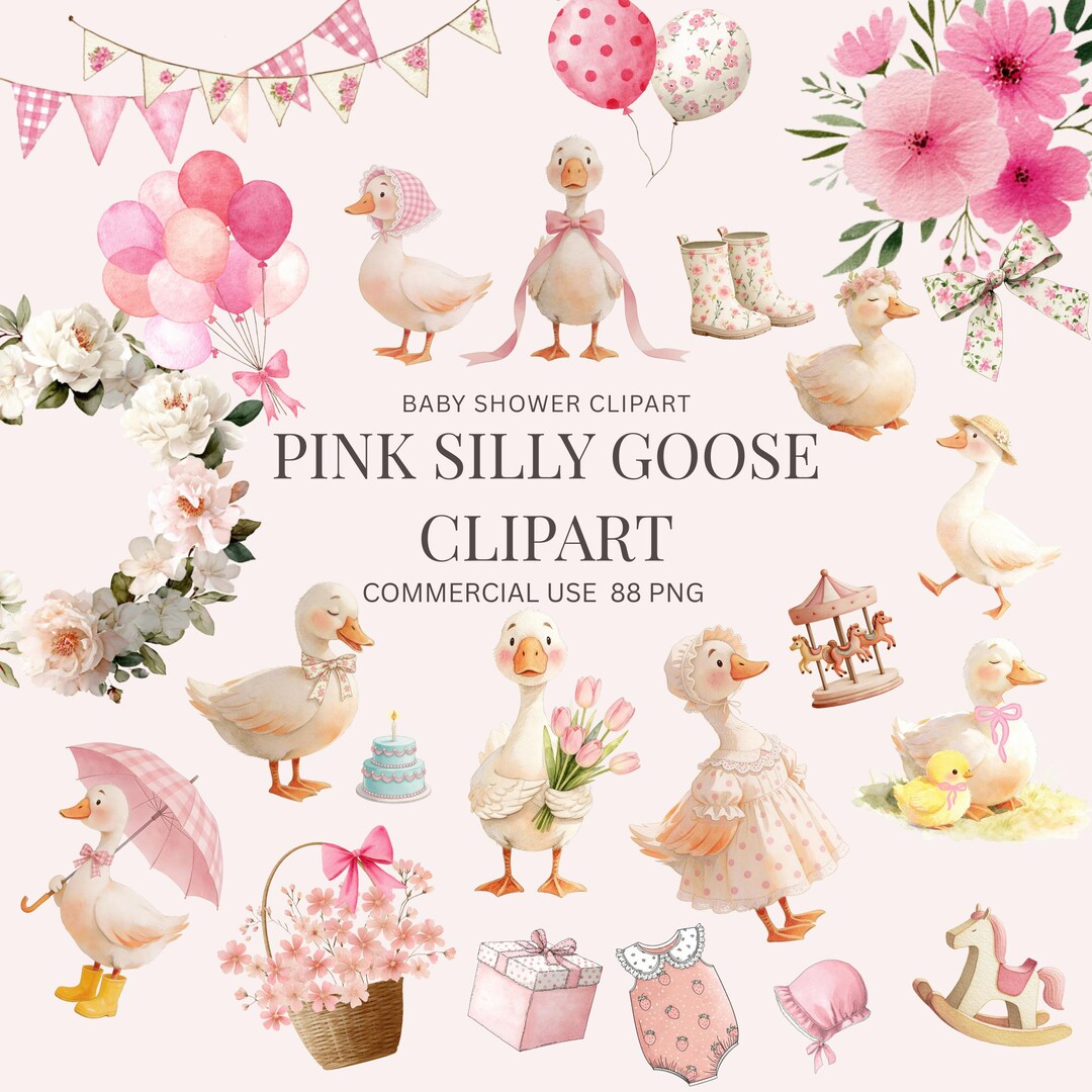 Pink Goose Baby Shower Clipart PNG, Watercolor Nursery Animal ...