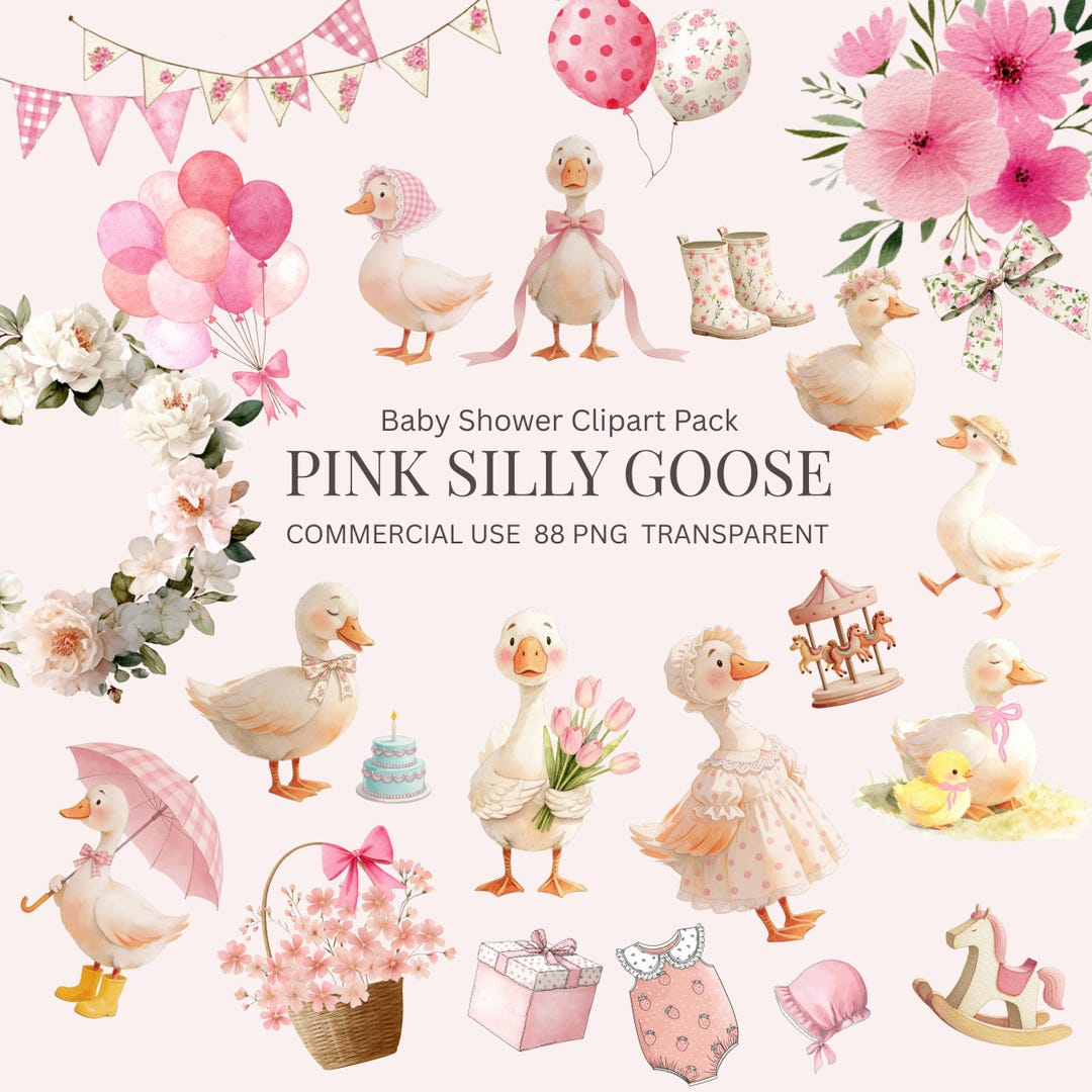 Pink Silly Goose Baby Shower Clipart Watercolor Goose PNG for ...