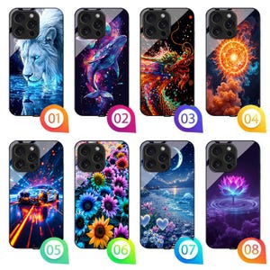 Blue Lion Colorful Printing Dazzling LED Light Up Phone Case Shockproof Tempered Glass for iPhone 17-13 Samsung S26-S21, Fold3-7, A12-A71