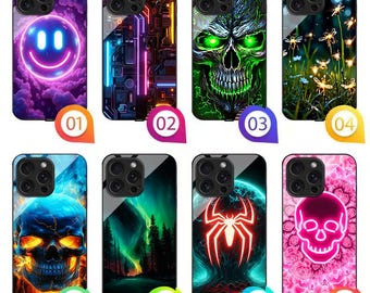 Funda para teléfono con calavera de neón colorida y deslumbrante luz LED, cubierta de vidrio templado a prueba de golpes para iPhone 17-13, Samsung S26-S21, Fold3-7, A12-A71