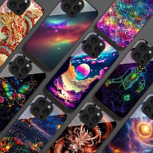 May include: A collection of smartphone cases with various colorful designs. The cases feature images of a dragon, a butterfly, a nebula, a surreal landscape with a planet, and a glowing skeleton in a spiderweb.