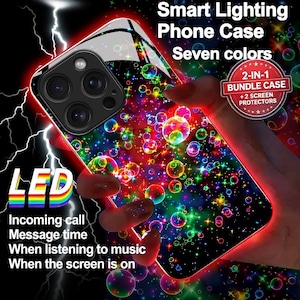 May include: A smart lighting phone case with a colorful bubble design. The case has a red border and features the text "LED" in rainbow colors. Additional text includes "Incoming call, Message time, When listening to music, When the screen is on."
