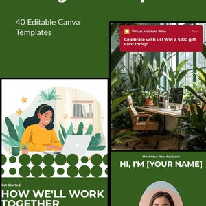 May include: A set of 40 editable Canva templates for virtual assistants, featuring dark green backgrounds with white text. The designs include illustrations of a person working on a laptop, a desk setup with plants, and a circular photo placeholder.