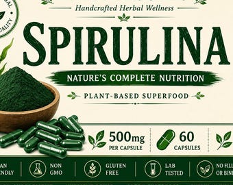 Organic Spirulina Capsules | Plant-Based Green Superfood Supplement | 500mg | 60 Count