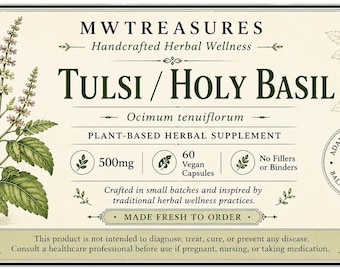 Organic Tulsi / Holy Basil Capsules | Plant-Based Capsules | 500mg | 60 Count