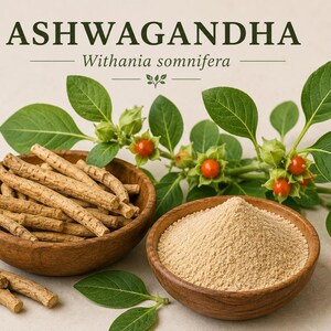 May include: Image of Ashwagandha, a natural herb. The image shows ashwagandha roots in a wooden bowl, ashwagandha powder in another wooden bowl, and green leaves with small red berries. The text "ASHWAGANDHA" and "Withania somnifera" are at the top.