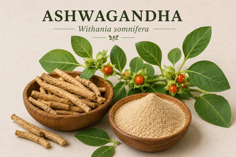 May include: Image of Ashwagandha, a natural herb. The image shows ashwagandha roots in a wooden bowl, ashwagandha powder in another wooden bowl, and green leaves with small red berries. The text "ASHWAGANDHA" and "Withania somnifera" are at the top.