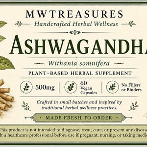 May include: Cream-colored label for Ashwagandha herbal supplement. The label features the text "ASHWAGANDHA" and "PLANT-BASED HERBAL SUPPLEMENT". It includes illustrations of the plant, roots, and capsules. The label also states "500mg" and "60 Vegan Capsules".