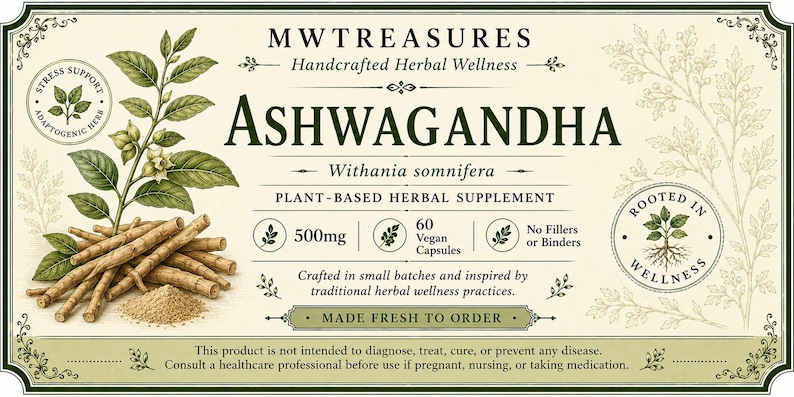 May include: Cream-colored label for Ashwagandha herbal supplement. The label features the text "ASHWAGANDHA" and "PLANT-BASED HERBAL SUPPLEMENT". It includes illustrations of the plant, roots, and capsules. The label also states "500mg" and "60 Vegan Capsules".