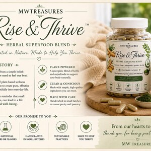 May include: A clear plastic bottle of Rise & Thrive herbal superfood blend capsules with a white lid, featuring a label with text, botanical illustrations, and icons. Beside it are loose capsules, a small bowl of green powder, and a ceramic mug.