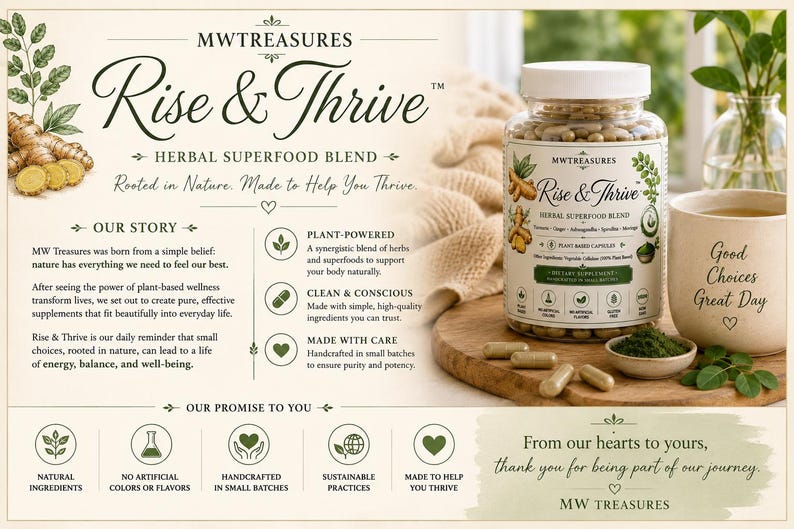 May include: A clear plastic bottle of Rise & Thrive herbal superfood blend capsules with a white lid, featuring a label with text, botanical illustrations, and icons. Beside it are loose capsules, a small bowl of green powder, and a ceramic mug.