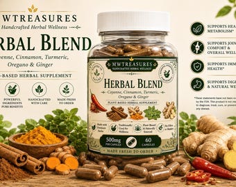 Organic Herbal Blend Capsules | Cayenne, Cinnamon, Turmeric, Oregano & Ginger | Plant-Based Supplement | 500mg