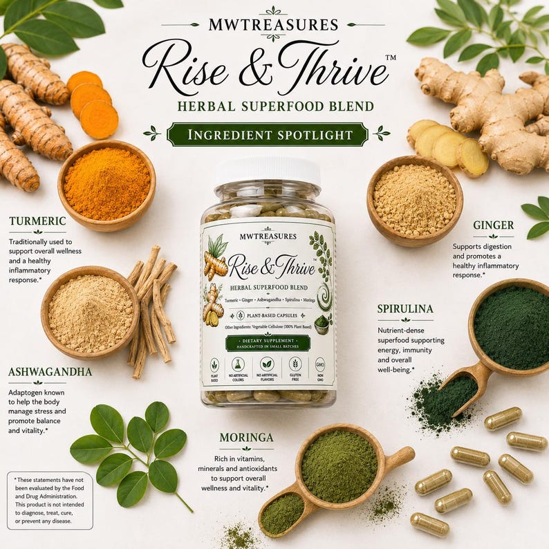 May include: A clear plastic bottle of Rise & Thrive herbal superfood blend capsules surrounded by turmeric roots, ginger, ashwagandha, spirulina, and moringa powder in wooden bowls and scoops, with descriptive text labels for each ingredient.