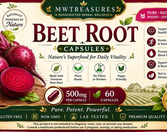 Organic Beet Root Powder Capsules | Plant-Based Herbal Supplement | Daily Wellness Support | 500mg | 60 Count