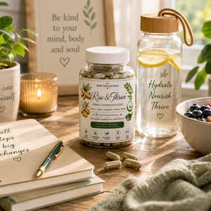 May include: A clear plastic bottle of Rise & Thrive herbal superfood capsules with a white lid, a glass water bottle with a bamboo lid containing lemon slices, a spiral-bound notebook, a green pen, and a bowl of granola with berries.