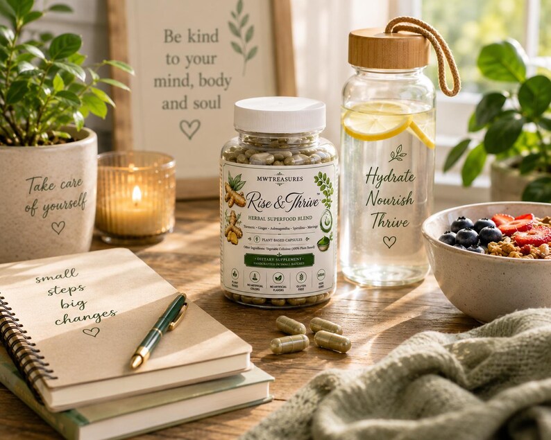 May include: A clear plastic bottle of Rise & Thrive herbal superfood capsules with a white lid, a glass water bottle with a bamboo lid containing lemon slices, a spiral-bound notebook, a green pen, and a bowl of granola with berries.