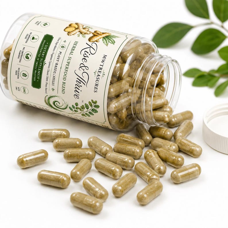 May include: A clear plastic bottle filled with light brown herbal capsules, with several capsules spilled out. The label reads Rise & Thrive Herbal Superfood Blend, MWTreasures, and lists features like plant-based, non-GMO, and handcrafted in small batches.