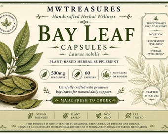 Organic Bay Leaf Powder Capsules | Herbal Wellness Supplement | Plant-Based Capsules | 500mg | 60 Count