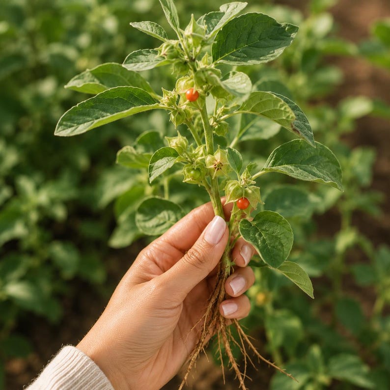 May include: A close-up of a plant with green leaves and small, round, orange berries. The plant is held by a person. The plant has visible roots and is set against a blurred background of other plants.