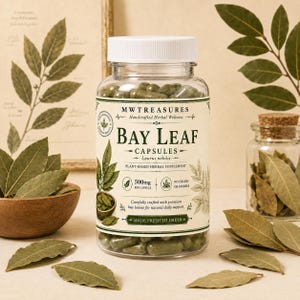 May include: A clear plastic bottle with a white cap containing green herbal capsules. The label reads MWTREASURES Handcrafted Herbal Wellness BAY LEAF CAPSULES Laurus nobilis PLANT-BASED HERBAL SUPPLEMENT 500mg PER CAPSULE NO FILLERS OR BINDERS.